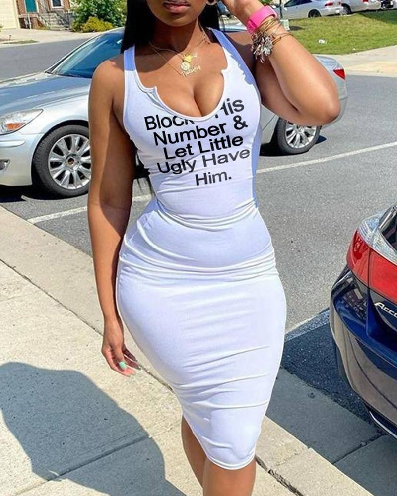 

U-Neck Letter Print Bodycon Dress, White