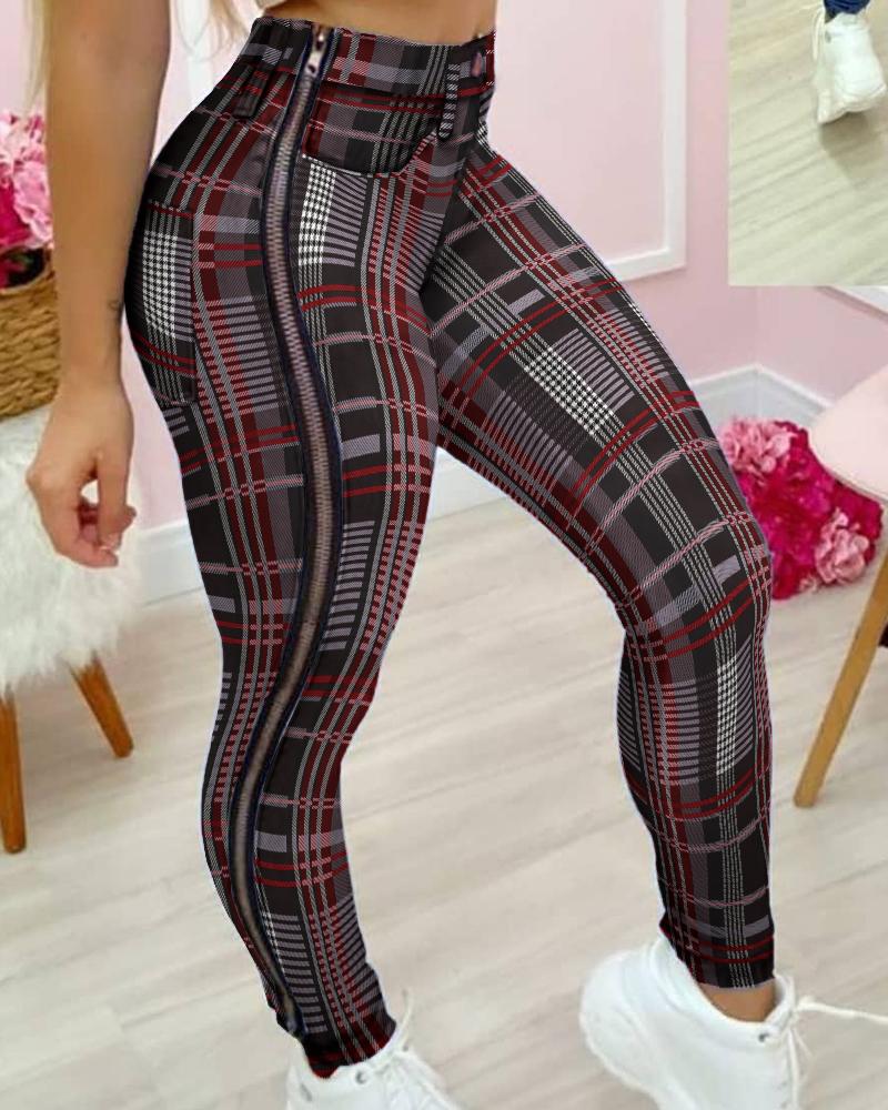 

High Waist Zipper Design Plaid Skinny Pants, Multicolor