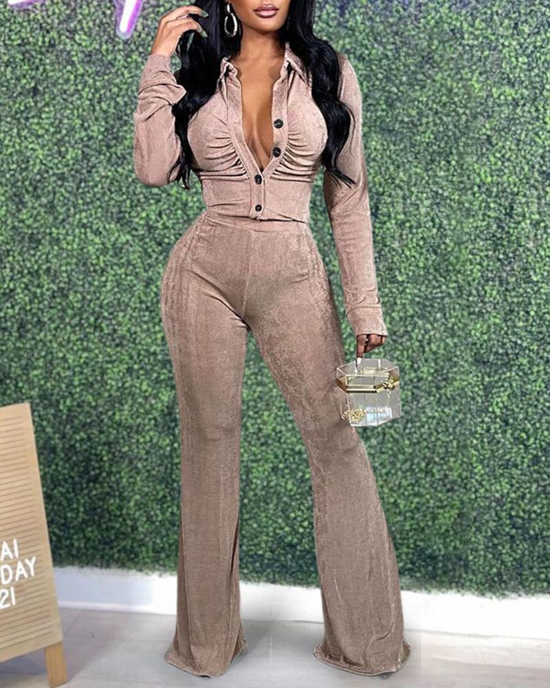 

Velvet Buttoned Ruched Top & Bootcut Pants Set, Khaki