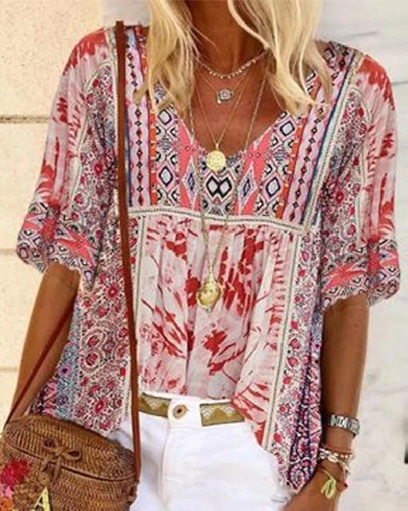 

Allover Tribal Print Half Sleeve T-shirt, Red