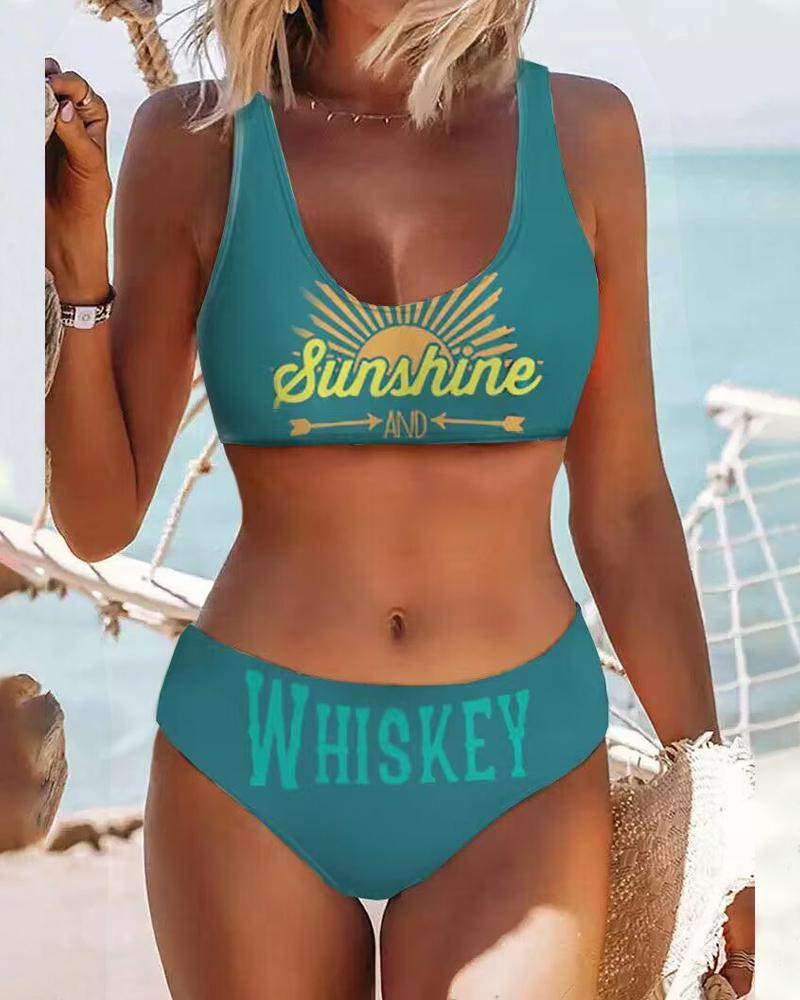 

Sunshine And Whiskey Sun Print Deep V-Neck Bikini Set, Green