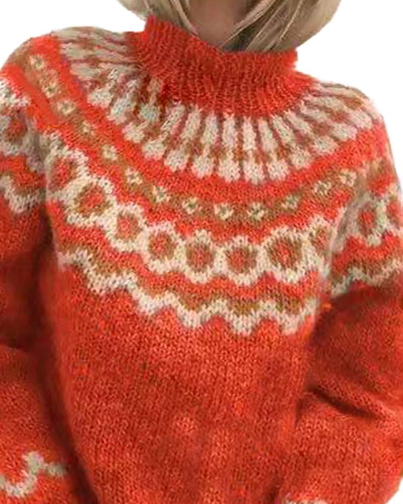 

Abstract Print Knit High Neck Long Sleeve Casual Sweater, Red