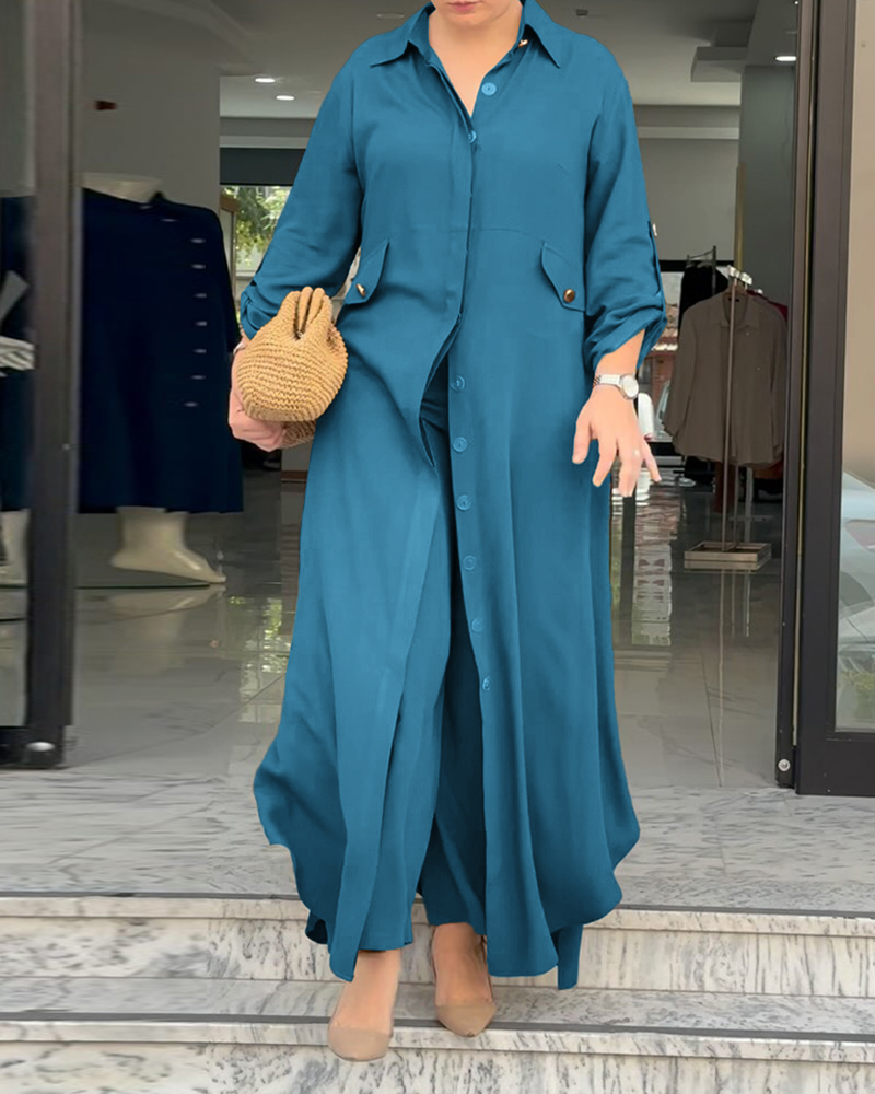 

Conjunto de 2 piezas: blusa larga con cuello vuelto y mangas largas con bolsillos y pantalones casuales de cintura elástica y pierna ancha., Turquoise blue