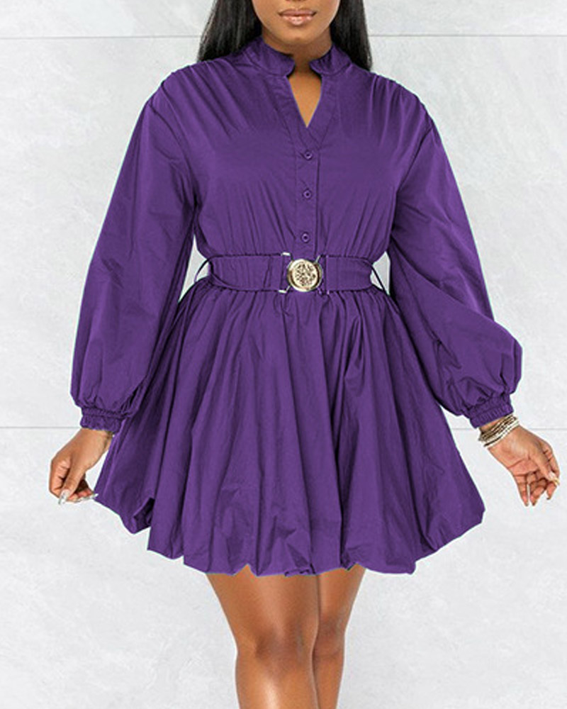 

Lantern Sleeve Button Front Belted Shirt Dress, Purple