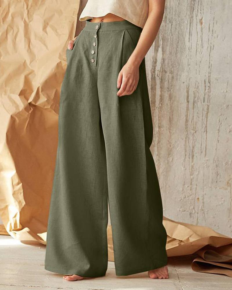 

Button Fly High Waist Wide Leg Pants, Green
