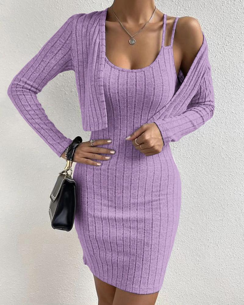 

Ribbed Double Strap Bodycon Dress & Cardigan Set, Purple