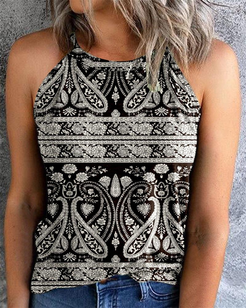 

Retro Paisley Tribal Print Tank Top, Black