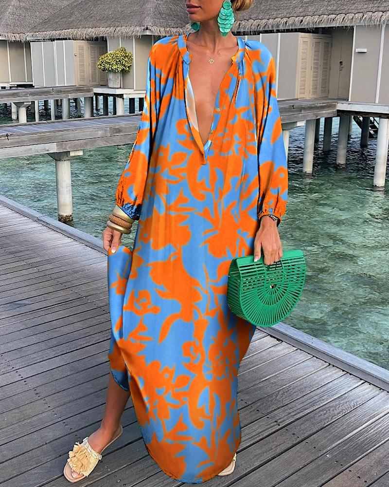 

Tie Dye Print Button Front Long Sleeve Shirt Dress, Orange