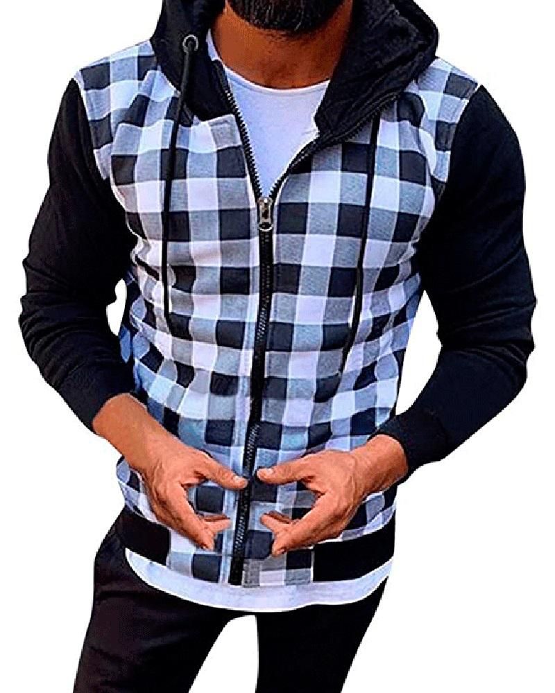 

Men Plaid Colorblock Zip Decor Coat, White