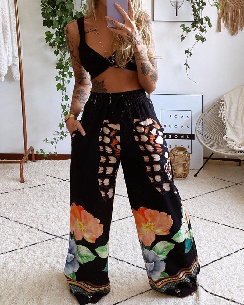 

Twisted Crop Top & Floral Butterfly Print Pants Set, Black