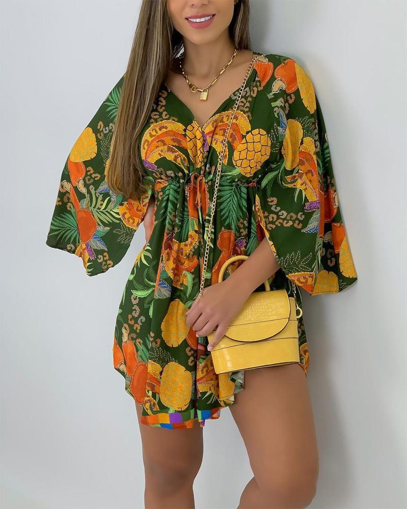 

Bell Sleeve Drawstring Design Fruit Print Dress, Green
