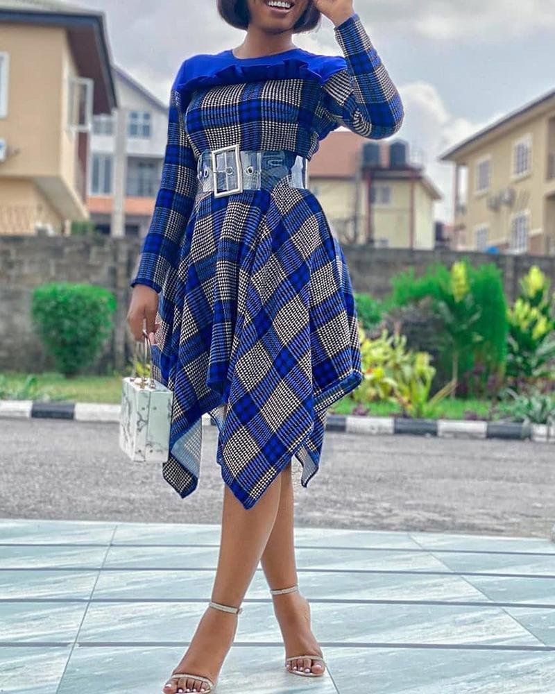 

Frill Hem Long Sleeve Plaid Asymmetrical Dress, Blue
