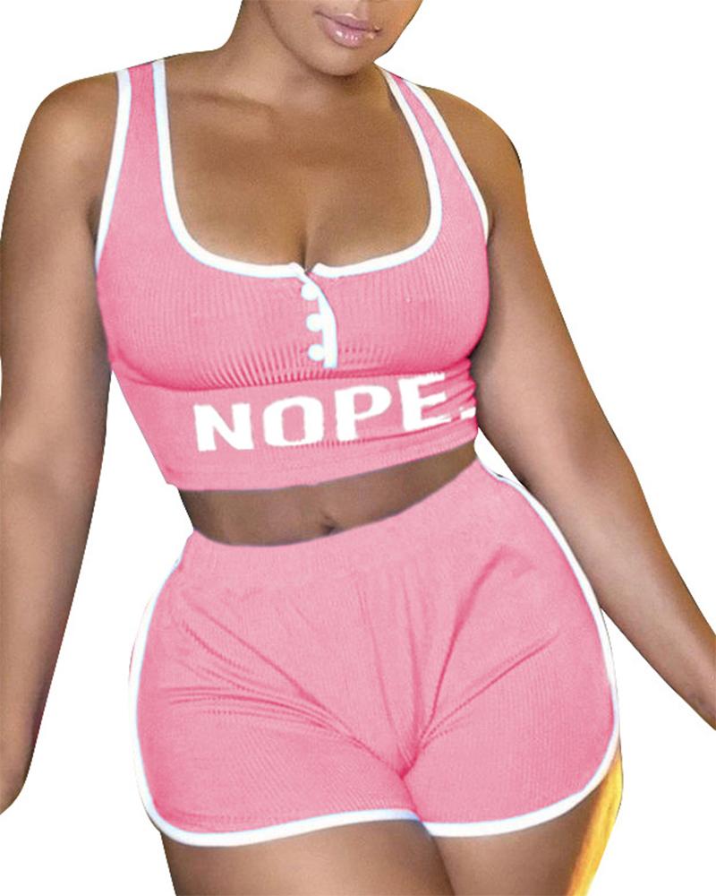 

Letter Print Contrast Binding U-Neck Top & Shorts Set, Pink