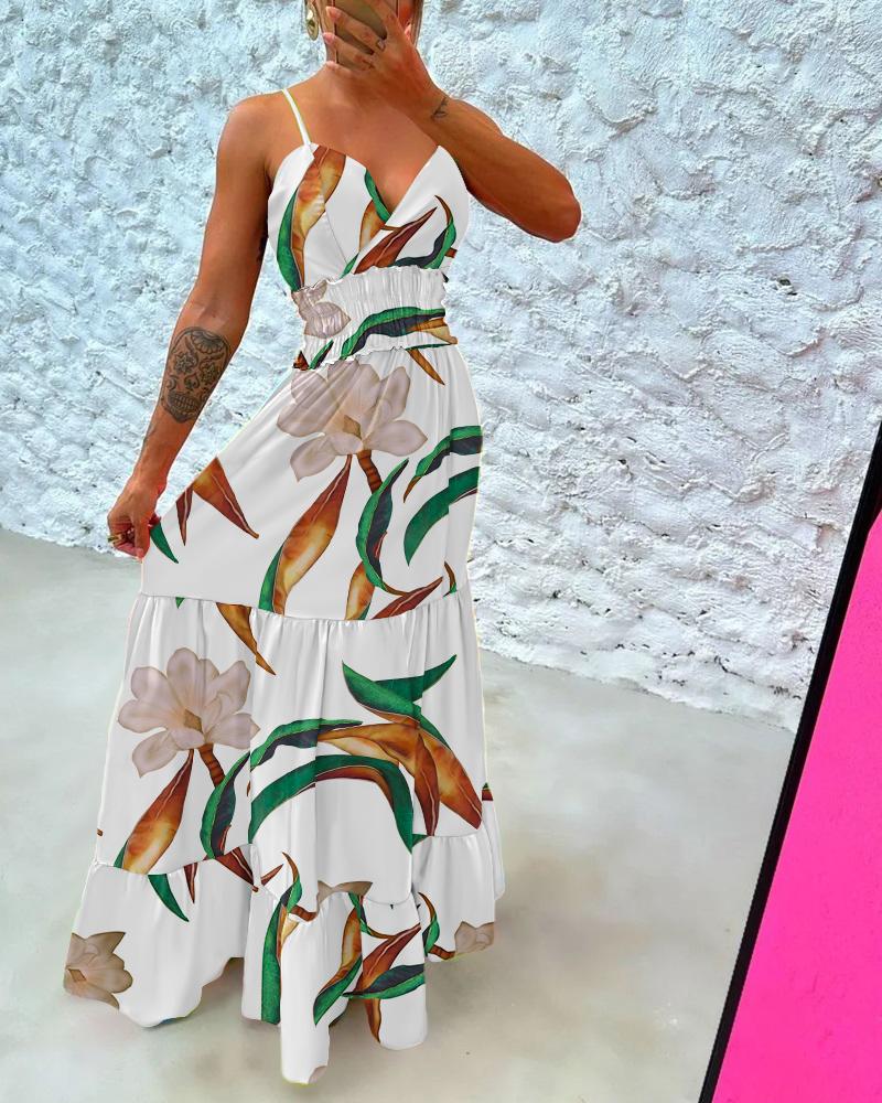

Floral Print Shirred Ruffles Maxi Dress, White