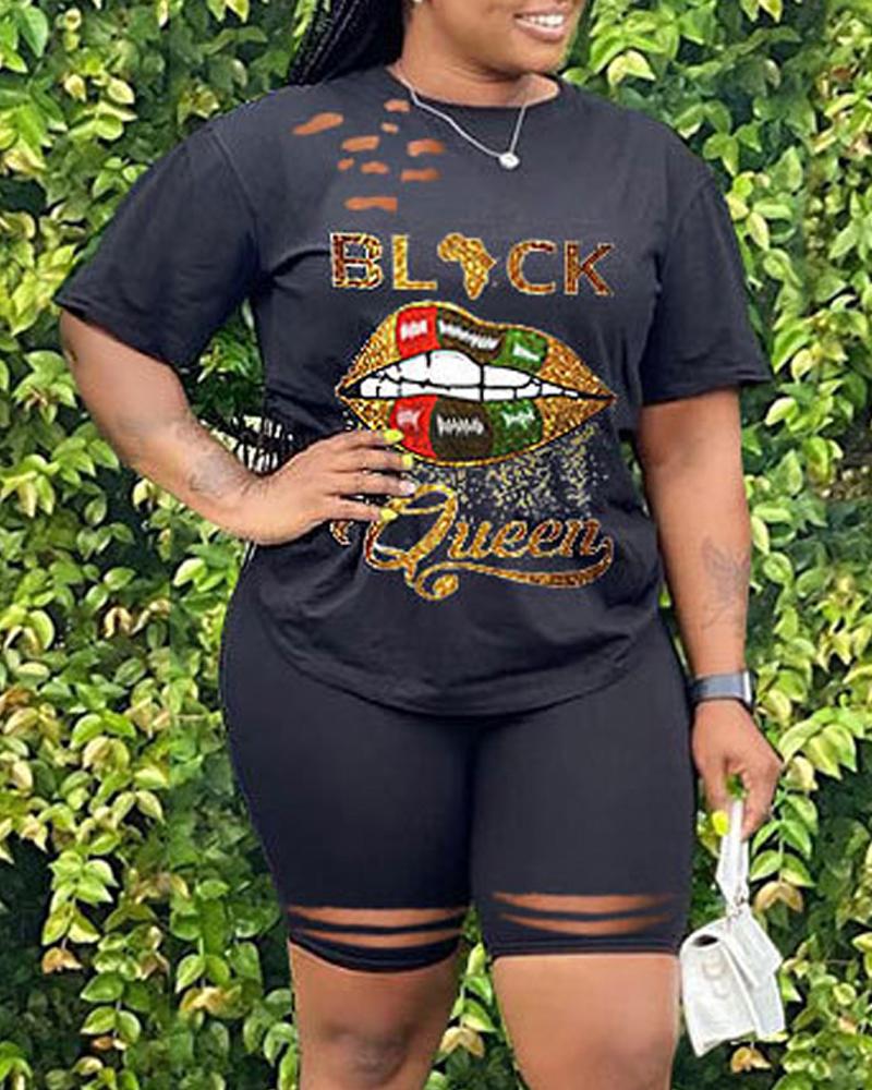 

Black Queen Lip Print Hollow Out Casual Top & Shorts Set