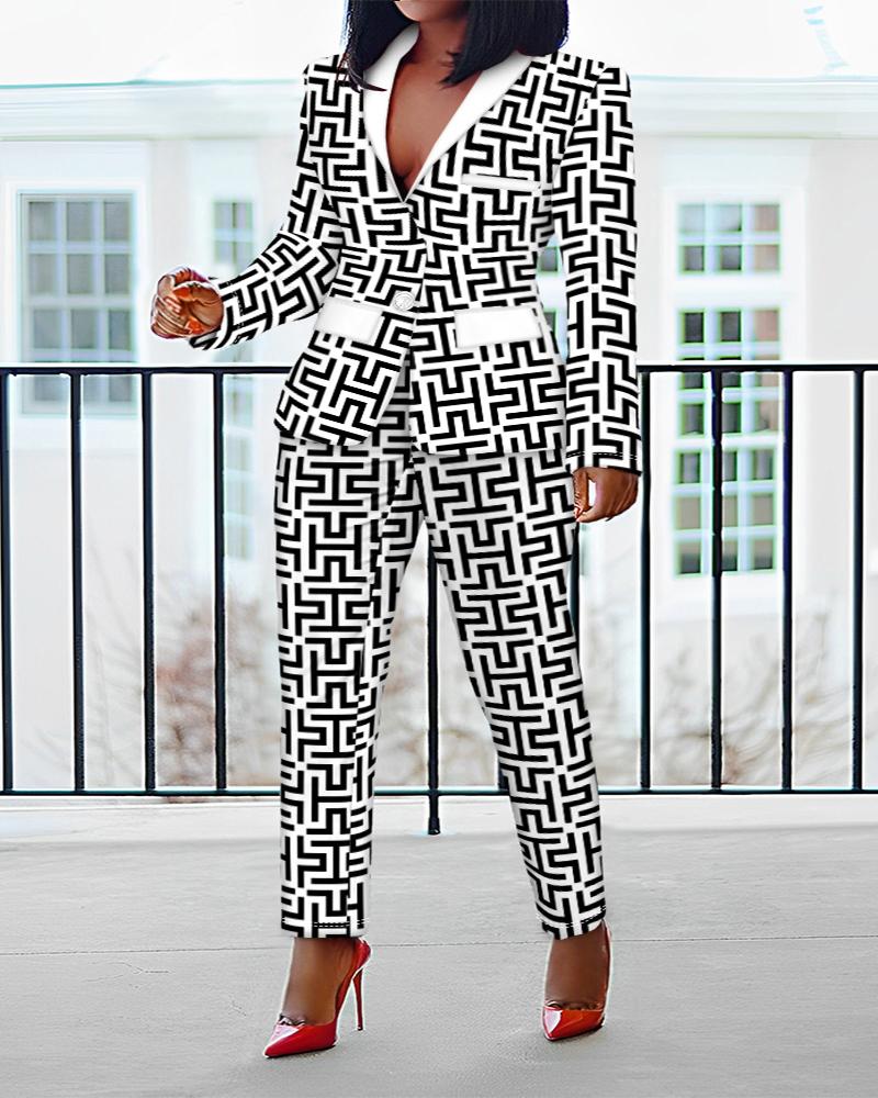 

Plus Size Geometric Print Shawl Collar Blazer Coat & Pants Set, Blackwhite