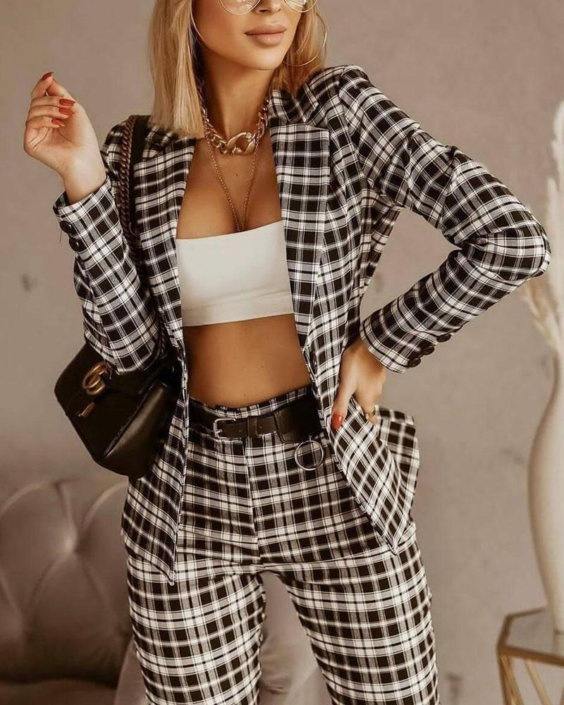 

Plaid Print Single Button Blazer & Tailored Pants Set, Style1