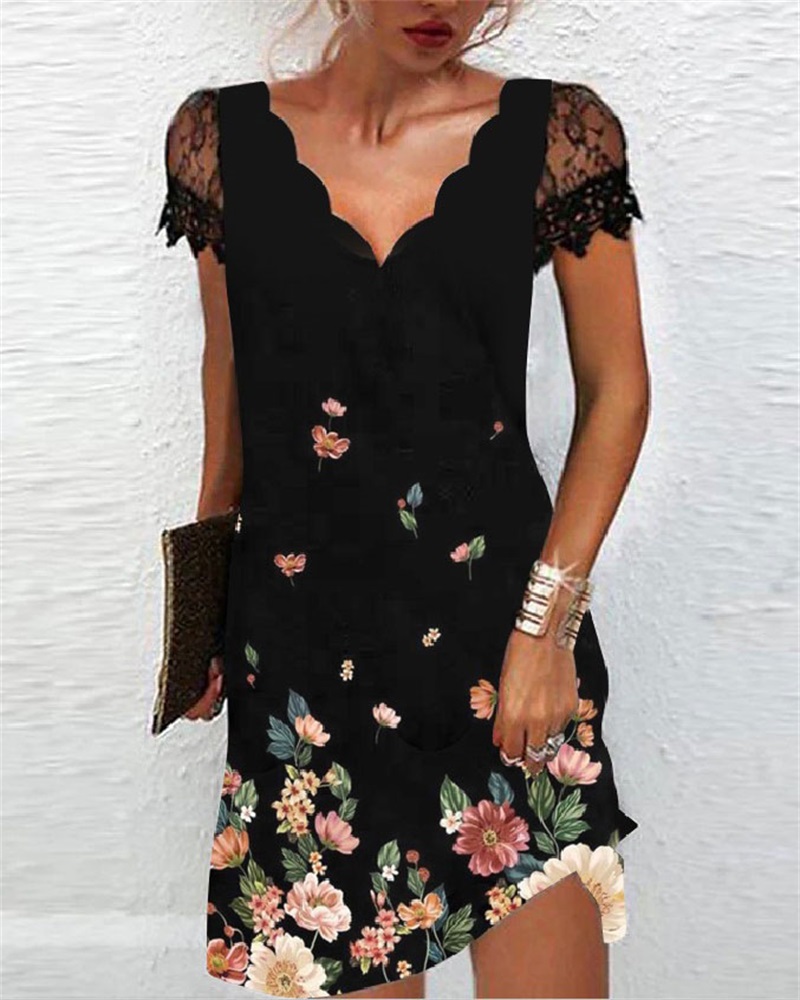 

Floral Print Scallop Trim Contrast Lace Casual Dress, Black
