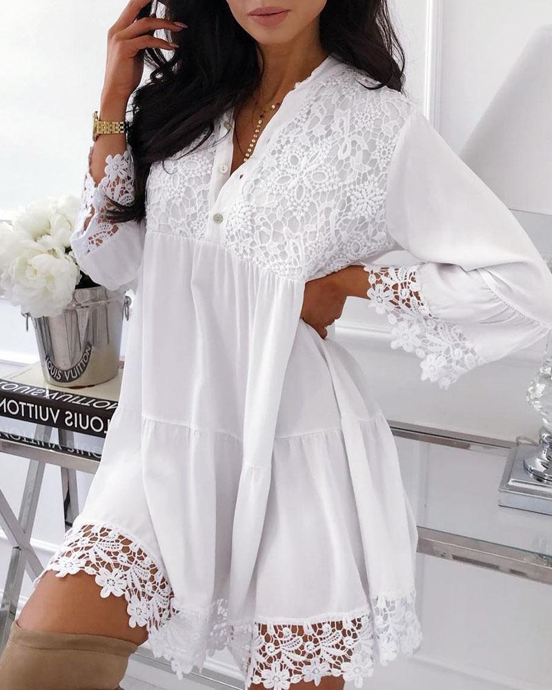 

Crochet Lace Insert Buttoned Casual Dress, White