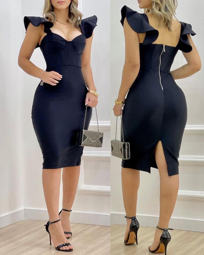 Flutter Sleeve Zipper Design Slit Bodycon Dress