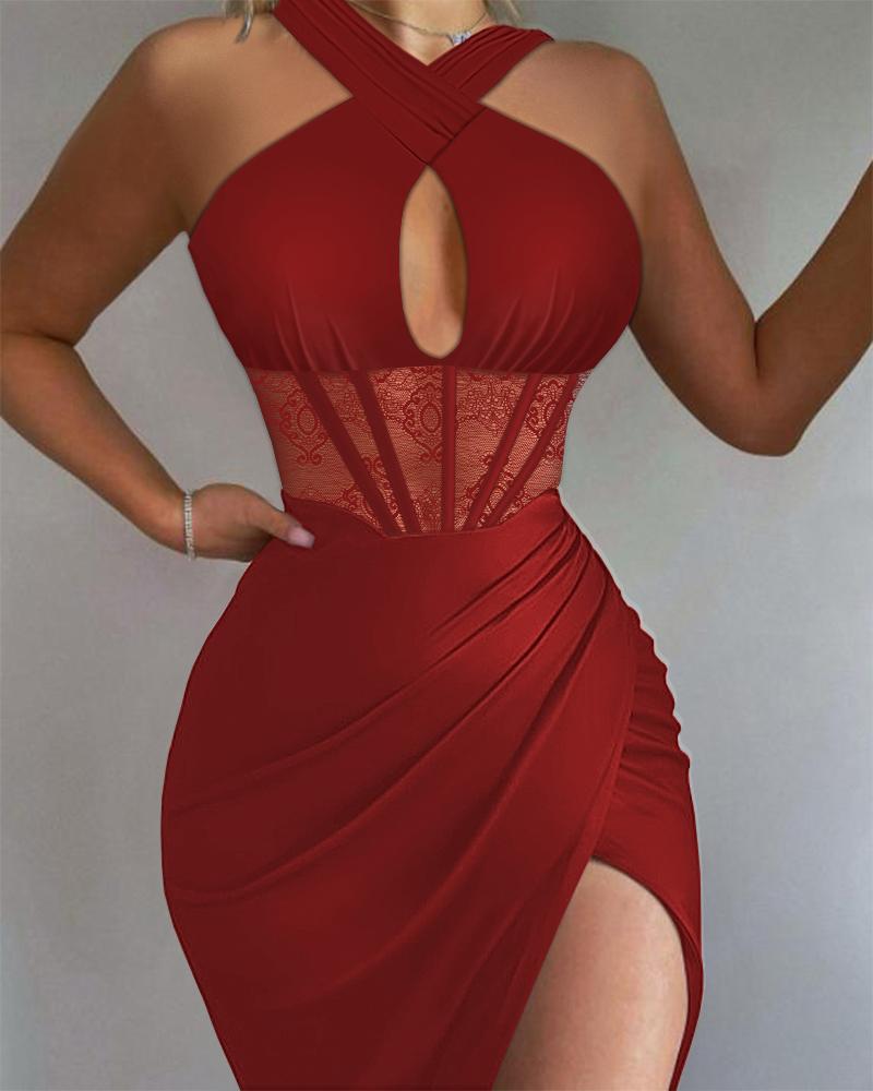 

Ruched High Slit Contrast Lace Corset Dress, Red