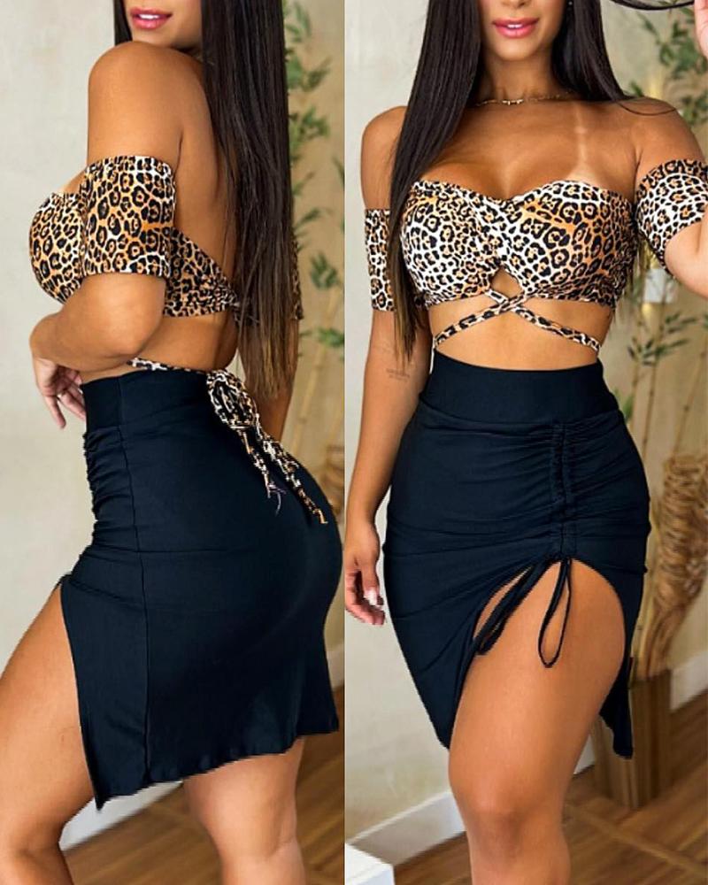 

Leopard Print Crop Top & Drawstring High Slit Skirt Set