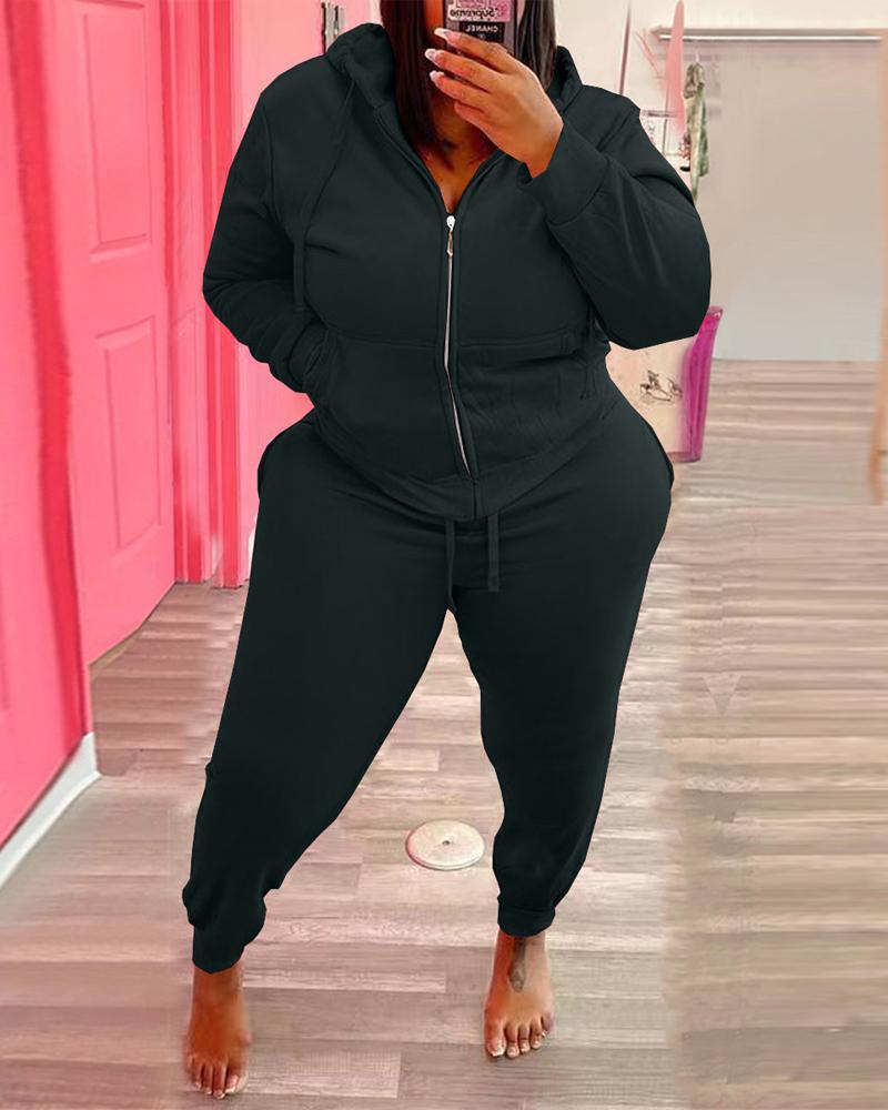 

Plus Size Zip Up Hooded Top & Drawstring Pants Set, Black