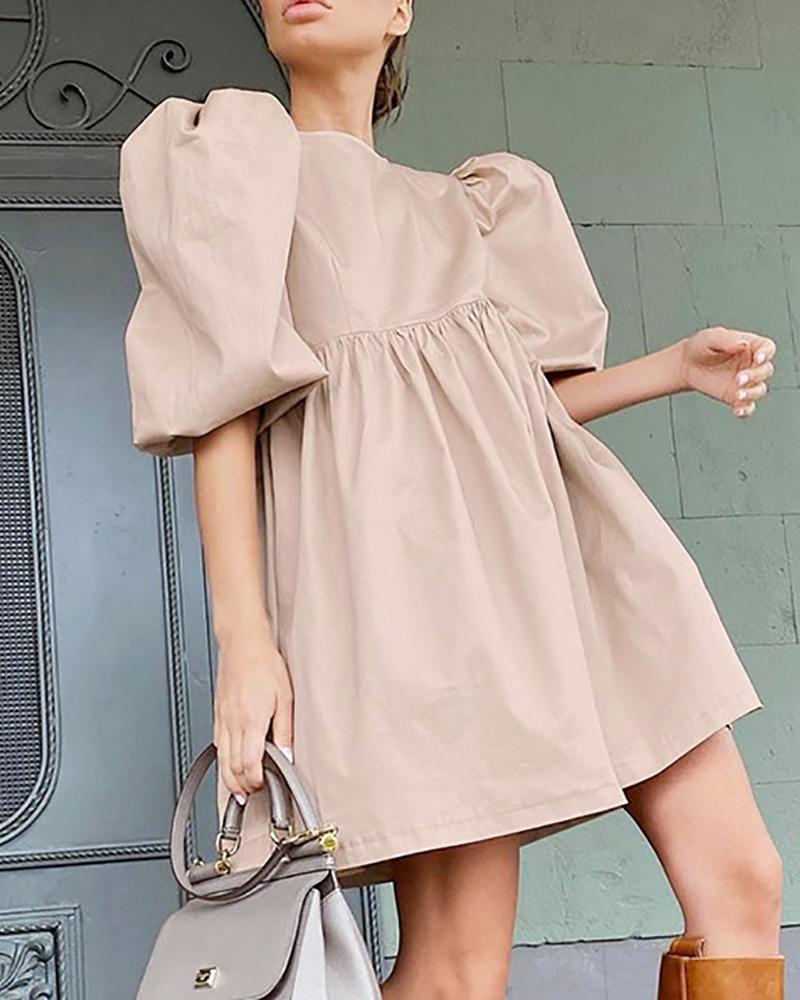 

Puff Sleeve Ruched Casual Dress, Khaki