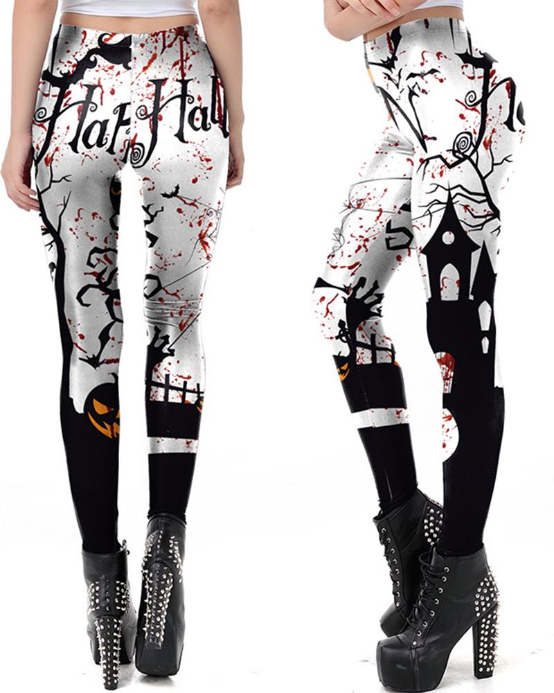 

Halloween Blood Graphic Print High Waist Leggings, White