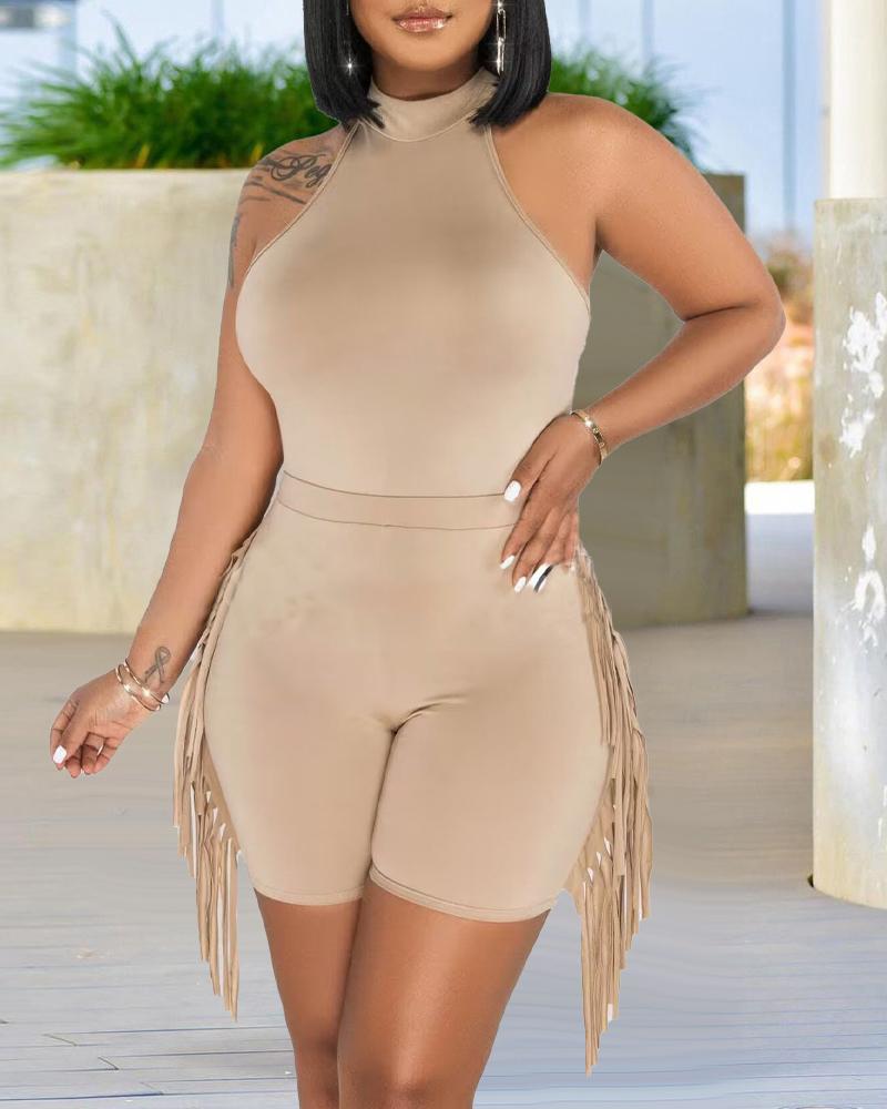 

Sleeveless Casual Top & Tassel Design Shorts Set, Khaki