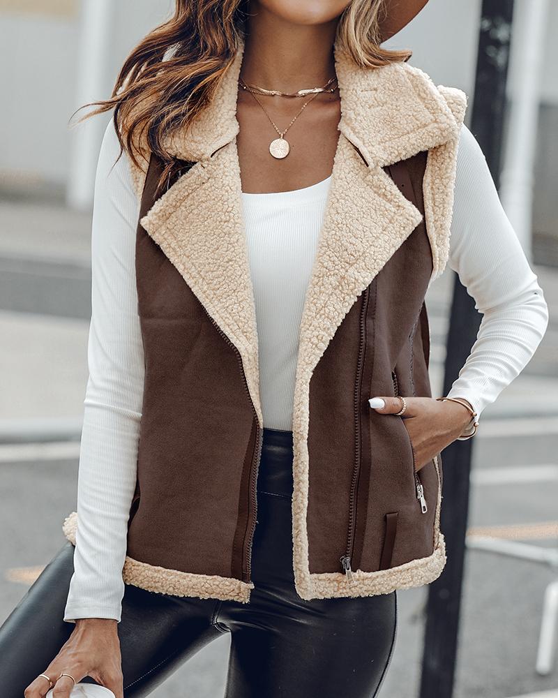 

Veste sans manches à col cranté en polyuréthane avec poche avant et chaîne pour automne et hiver, Coffee