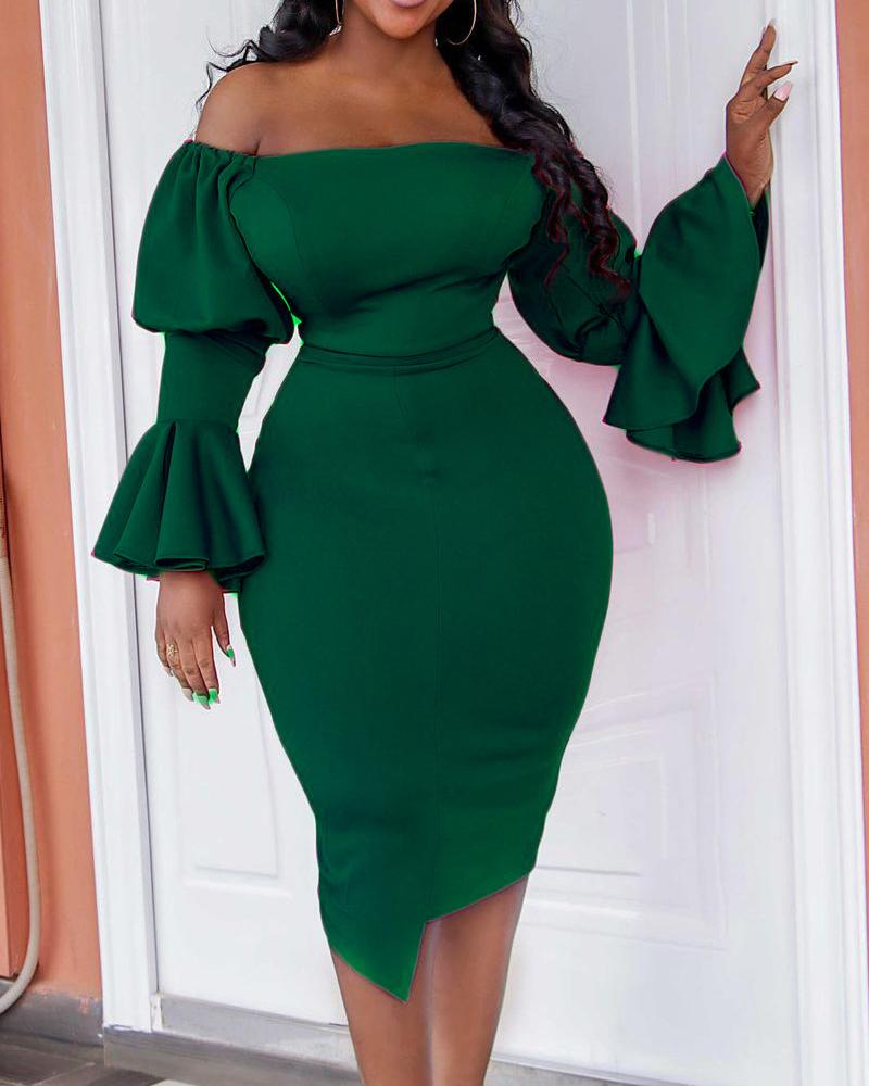 

Off Shoulder Bell Sleeve Party Dress, Green