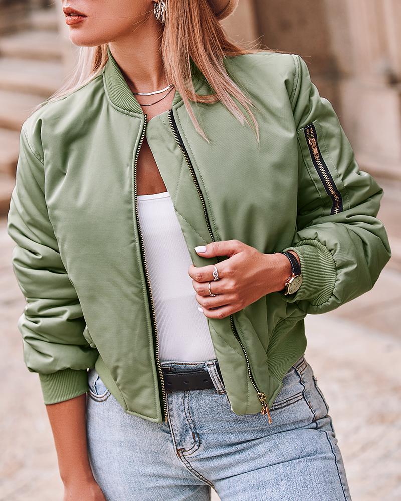 

Zipper Design Crop Baseball Jacket, Army green