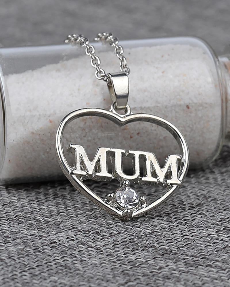 

Letter Pattern Studded Heart Shaped Pendant Necklace, Silver