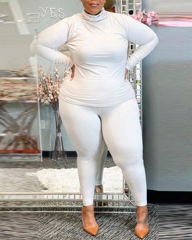 

Plus Size Long Sleeve High Neck Top & Pants Set, White