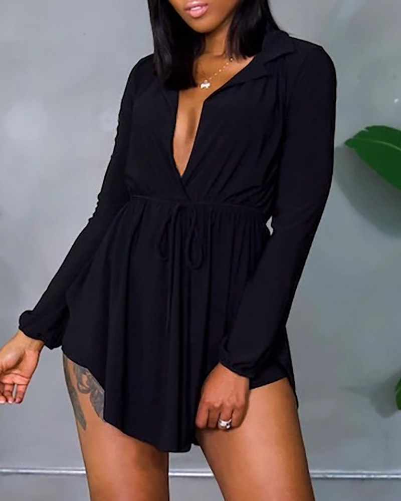 

Plunge Long Sleeve Ruched Top & Shorts Set, Black