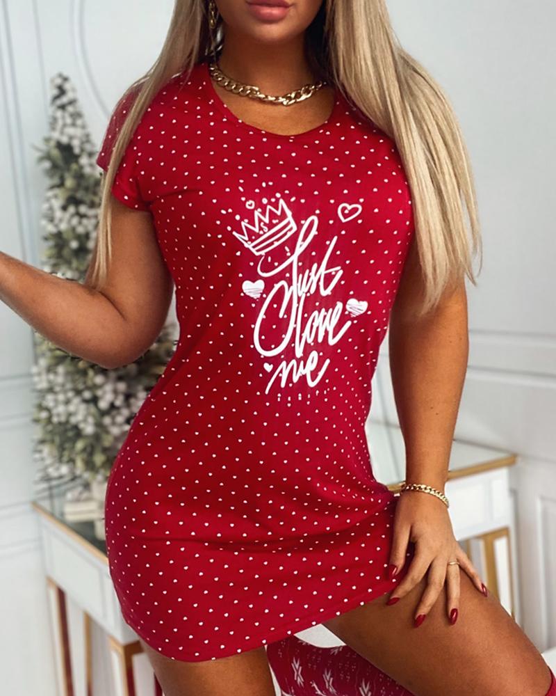 

Christmas Letter Print Short Sleeve Nightgown, Red