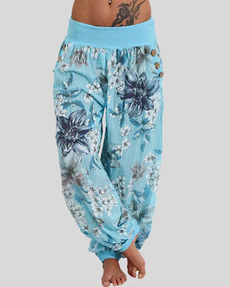 

Floral Print Button Decor Low Waist Pants, Sky blue