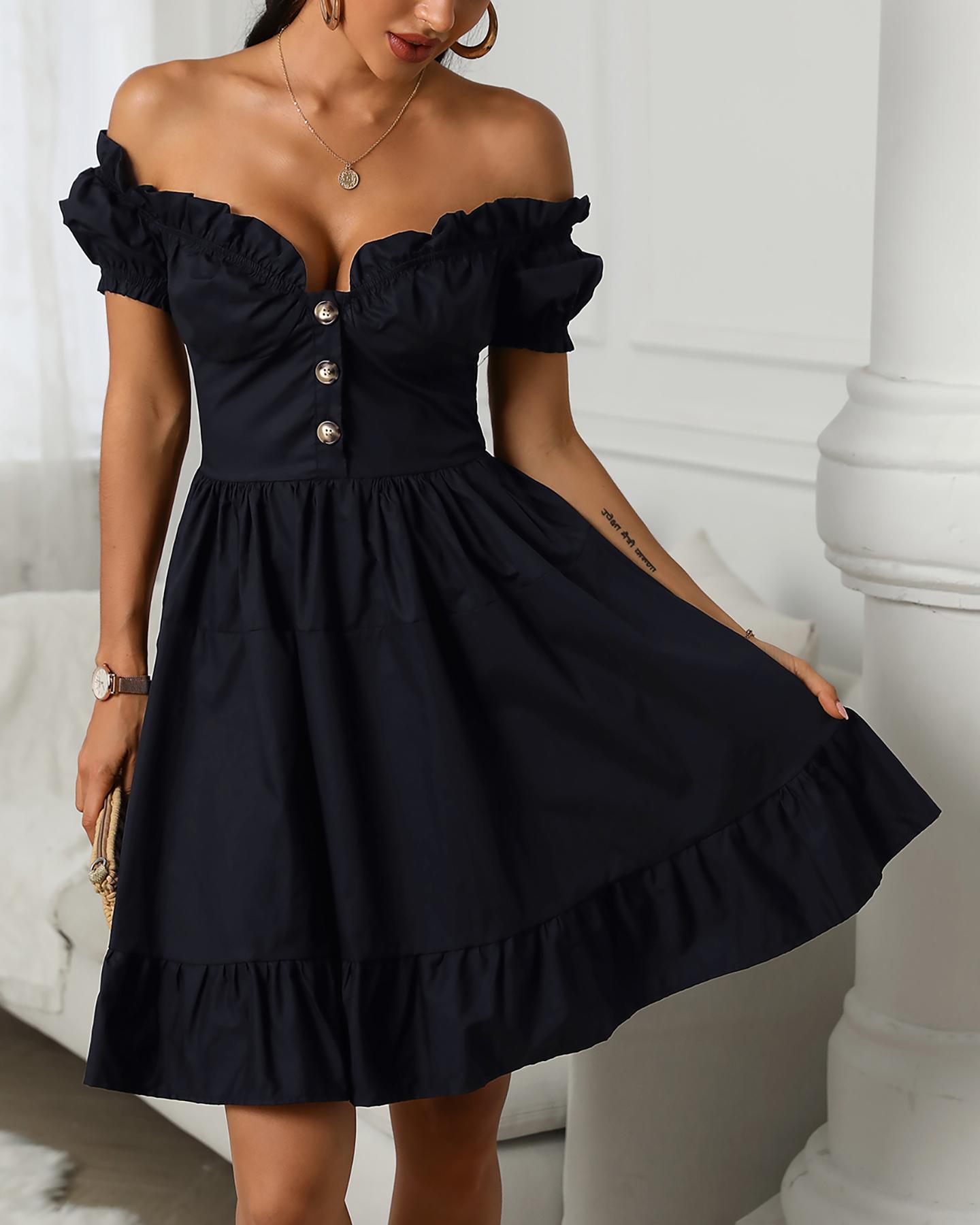 

Off Shoulder Button Design Frill Hem Dress, Black