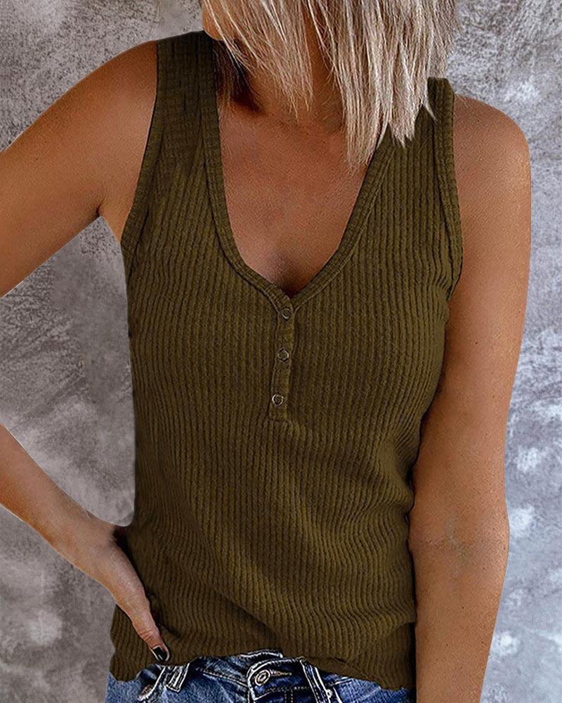 

Ribbed Button Front Casual Tank Top, Army green