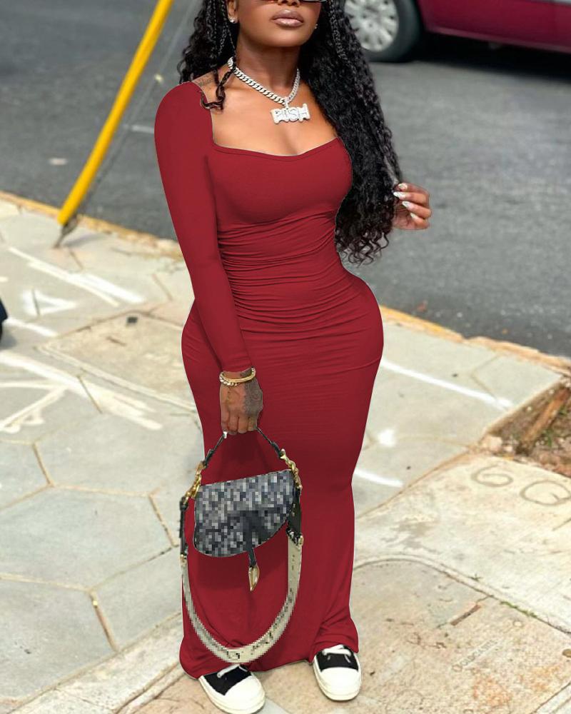 

Plain Long Sleeve Ruched Maxi Dress, Red