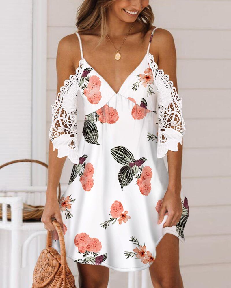 

Floral Print Cold Shoulder Contrast Lace Casual Dress, White