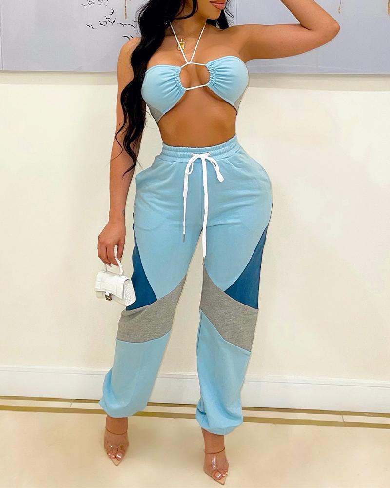

Color Block Halter Cut-Out Zipper Back Ruched Bust Top & Pocket Drawstring Pants Set, Lighted blue