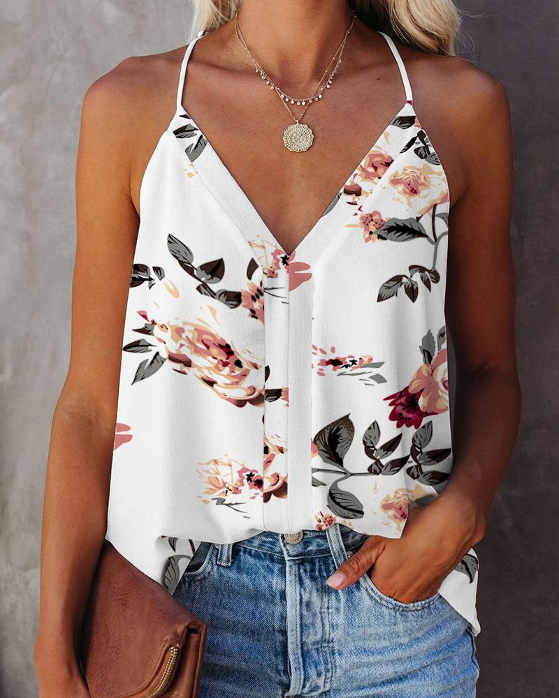 

Floral Print V-Neck Cami Top, White