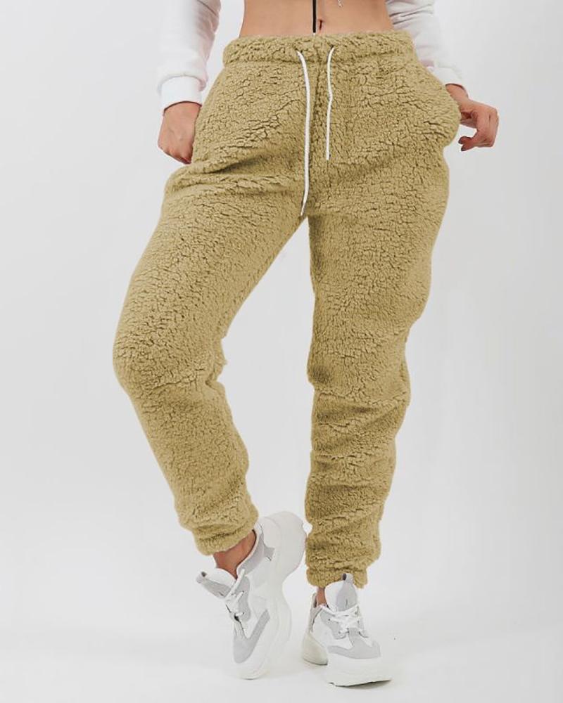 

Drawstring Pocket Decor Fluffy Casual Pants, Yellow