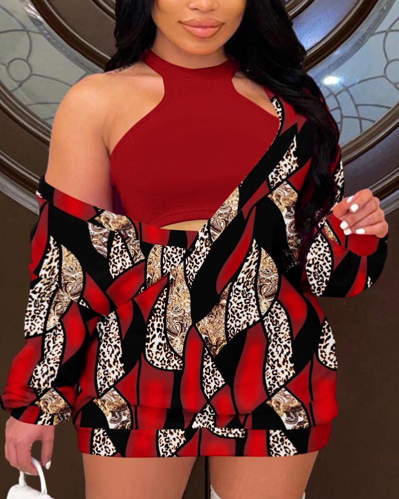 

Plus Size Leopard Baroque Print Tank Top & Casual Dress Set, Red