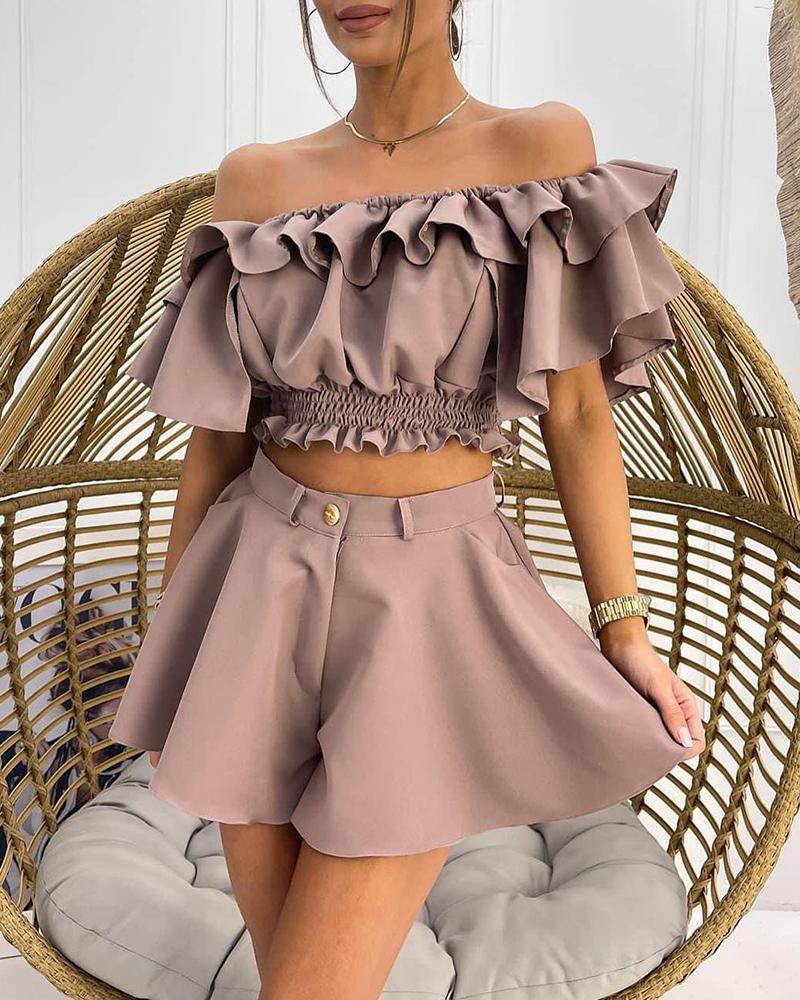 

Shirred Ruffle Hem Off Shoulder Top & Shorts Set, Apricot