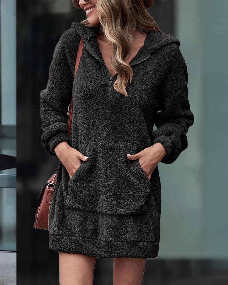 

Long Sleeve Pocket Detail Zip Front Fluffy Hoodie, Black