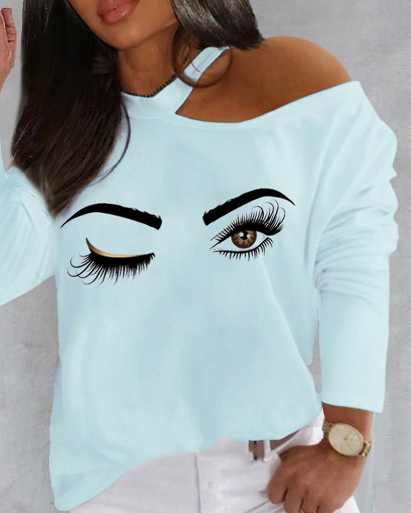 

Plus Size Figure Print Cold Shoulder Top, Blue