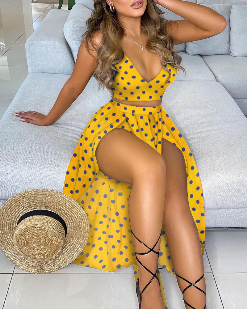 

Polkadot Print Top & High Slit Maxi Skirt Set, Yellow